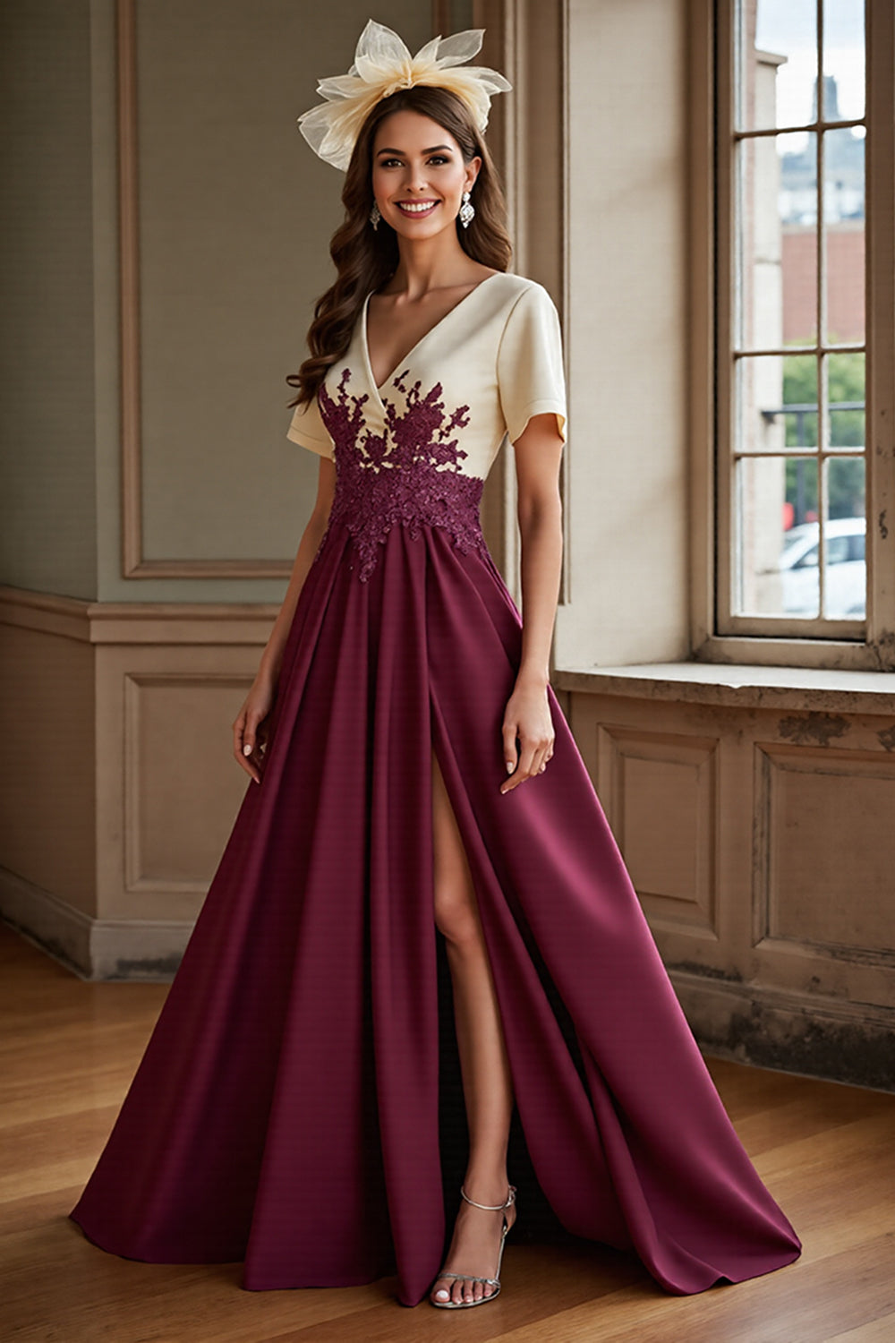 Burgundy Satin A Line Maxi Mother of the Bride Dress with Slit