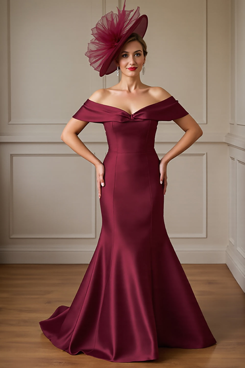 Burgundy Mermaid Satin Maxi Mother of the Bride Dress