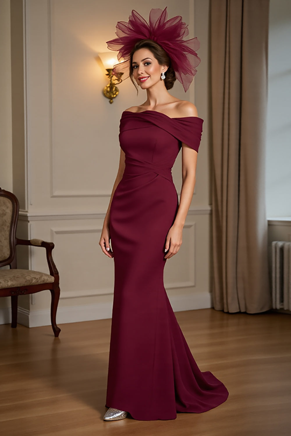 Burgundy Off the Shoulder Satin Maxi Mother of the Bride Dress