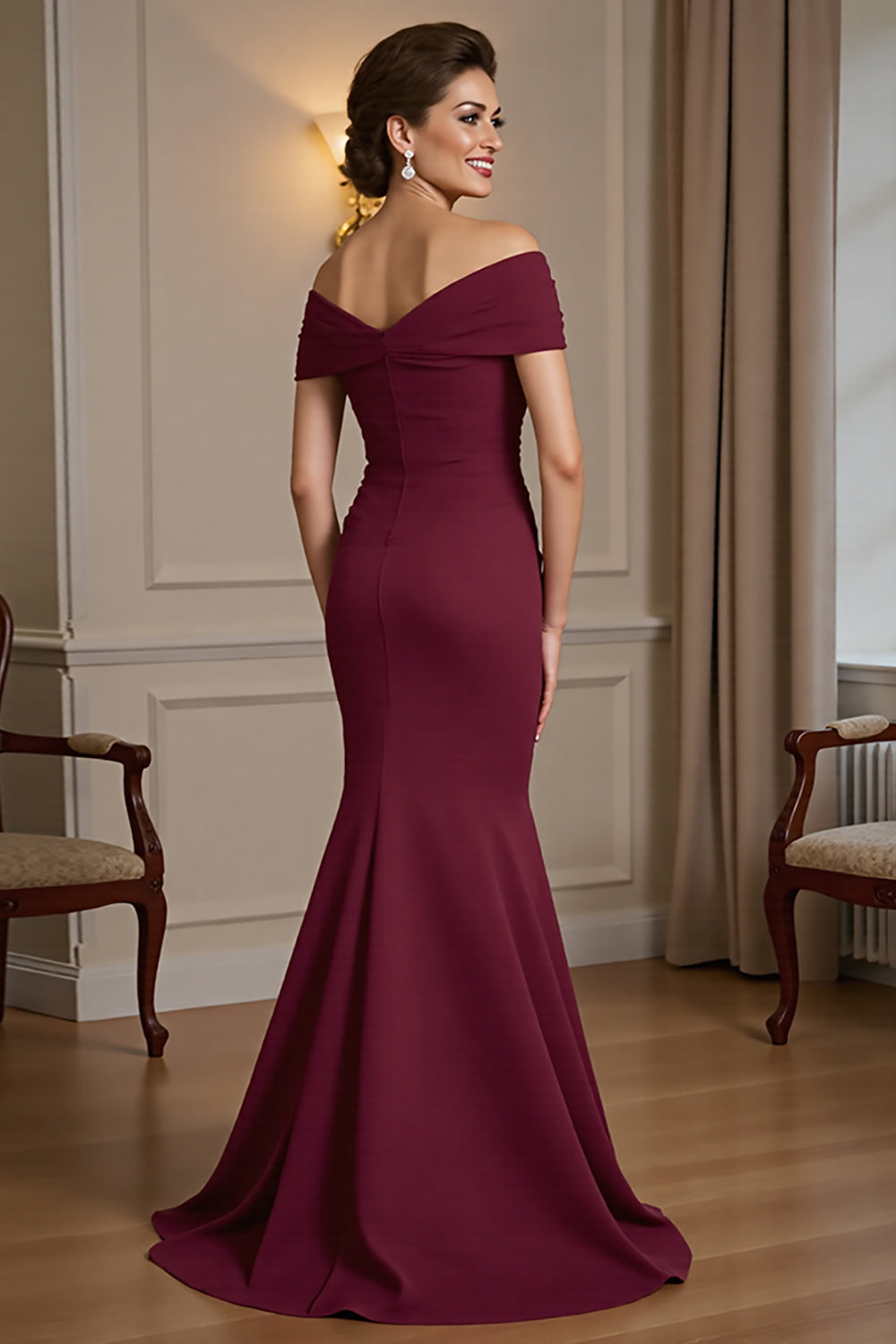 Burgundy Off the Shoulder Satin Maxi Mother of the Bride Dress