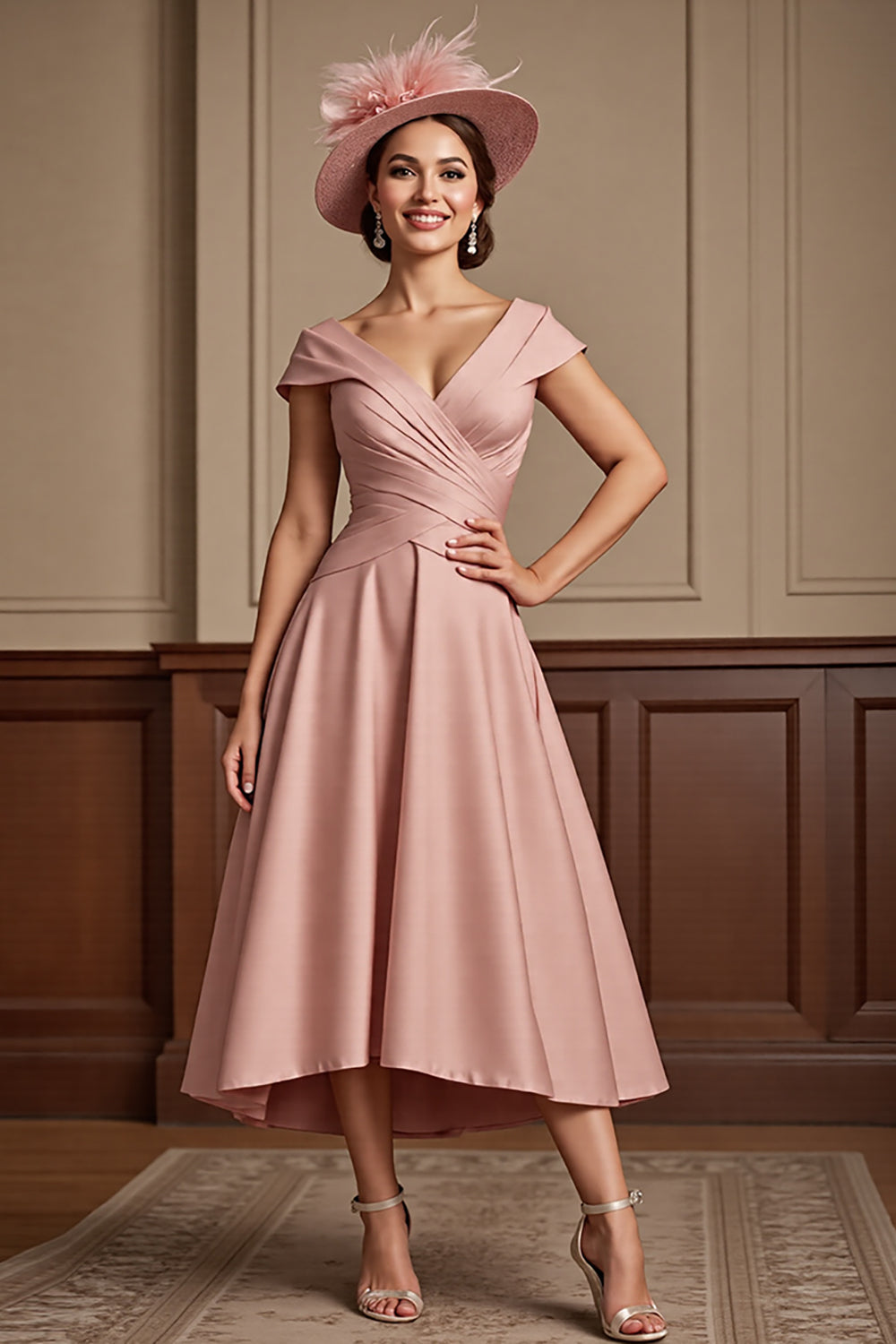 Leely Women Dusty Rose Satin Midi Mother of the Bride Dress Ruched A Line V-Neck Cap Sleeves Formal Dress