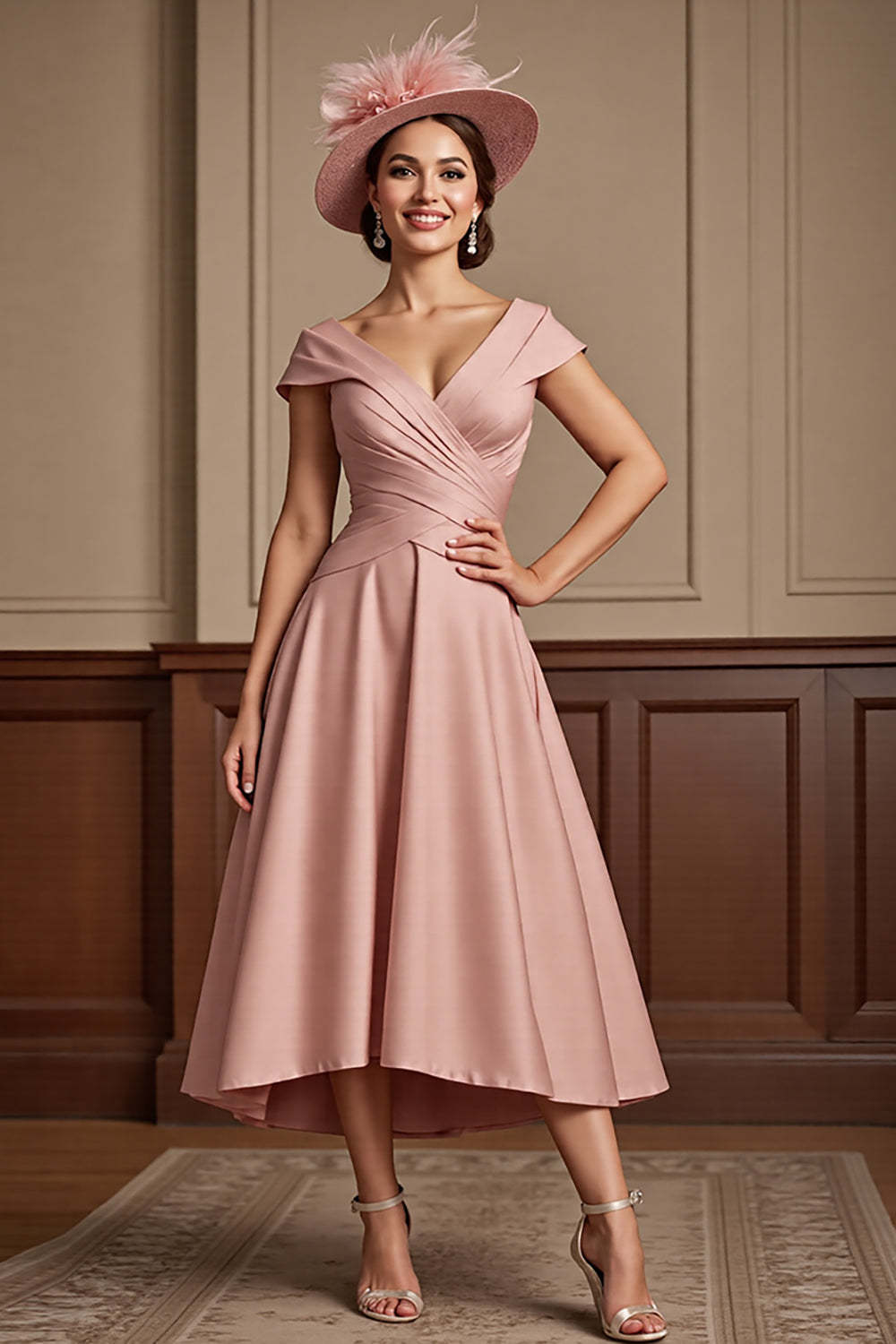 Leely Women Dusty Rose Satin Midi Mother of the Bride Dress Ruched A Line V-Neck Cap Sleeves Formal Dress