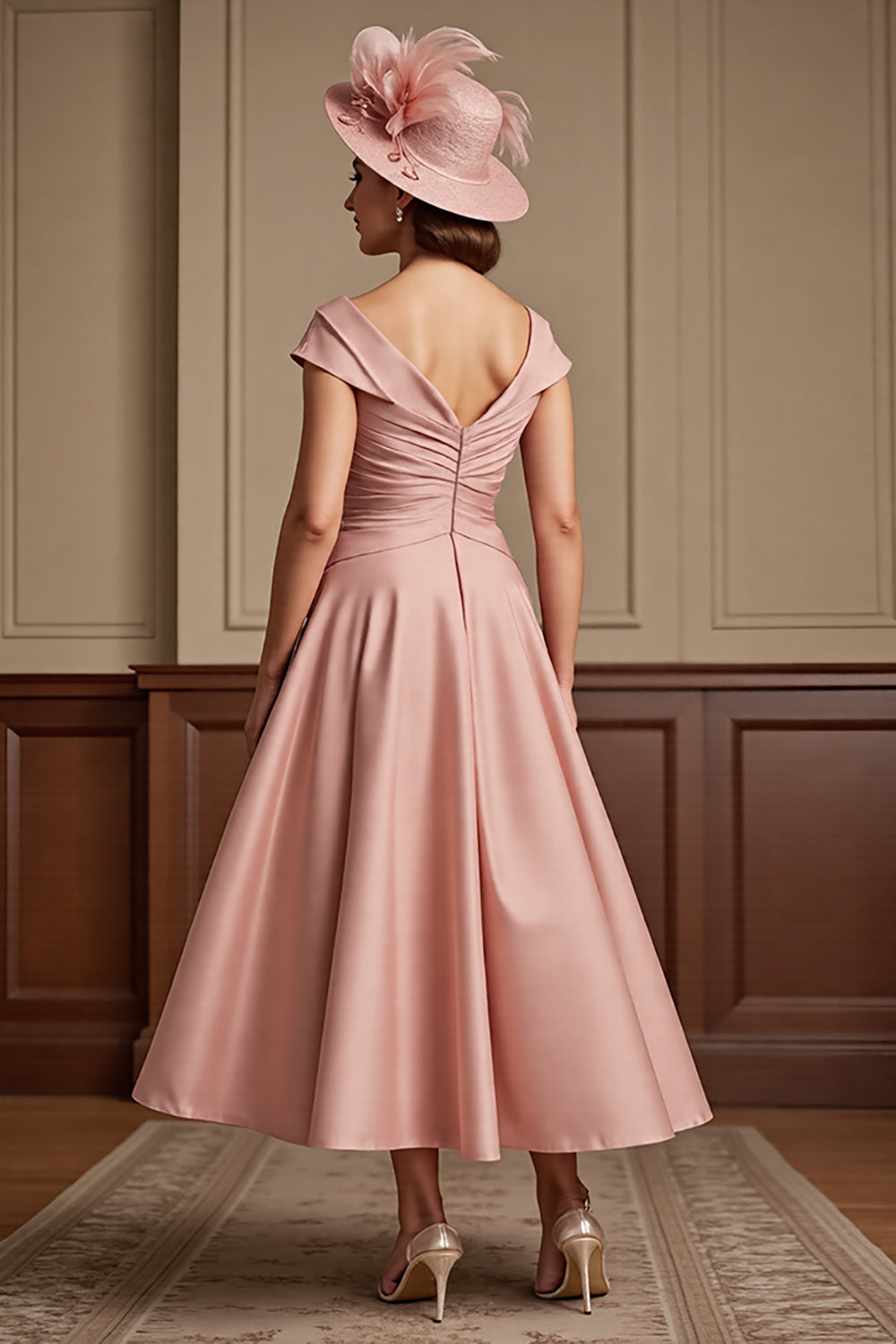 Dusty Rose A Line Satin Midi Mother of the Bride Dress