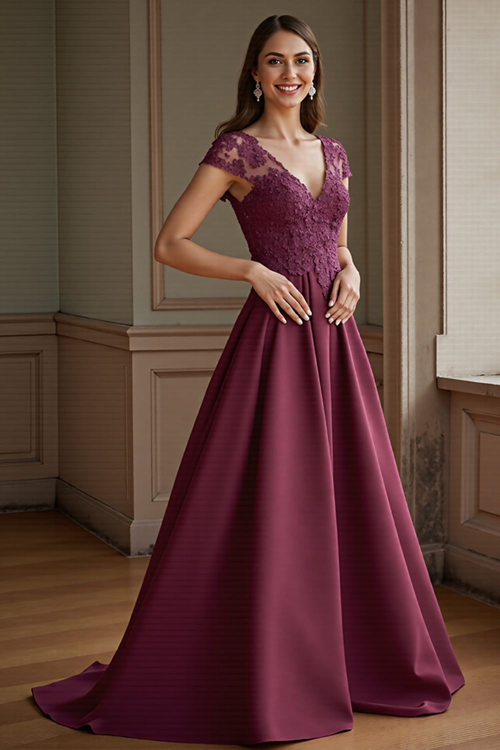 Leely Women Burgundy Satin Maxi Mother of the Bride Dress with Lace A Line Backless V-Neck Cap Sleeves Formal Dress