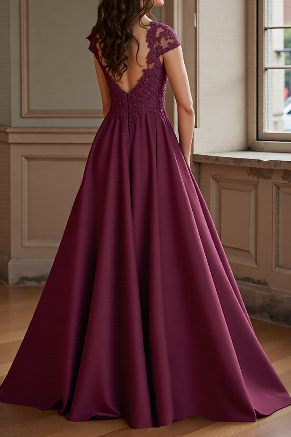 Burgundy A Line Satin Maxi Mother of the Bride Dress with Lace