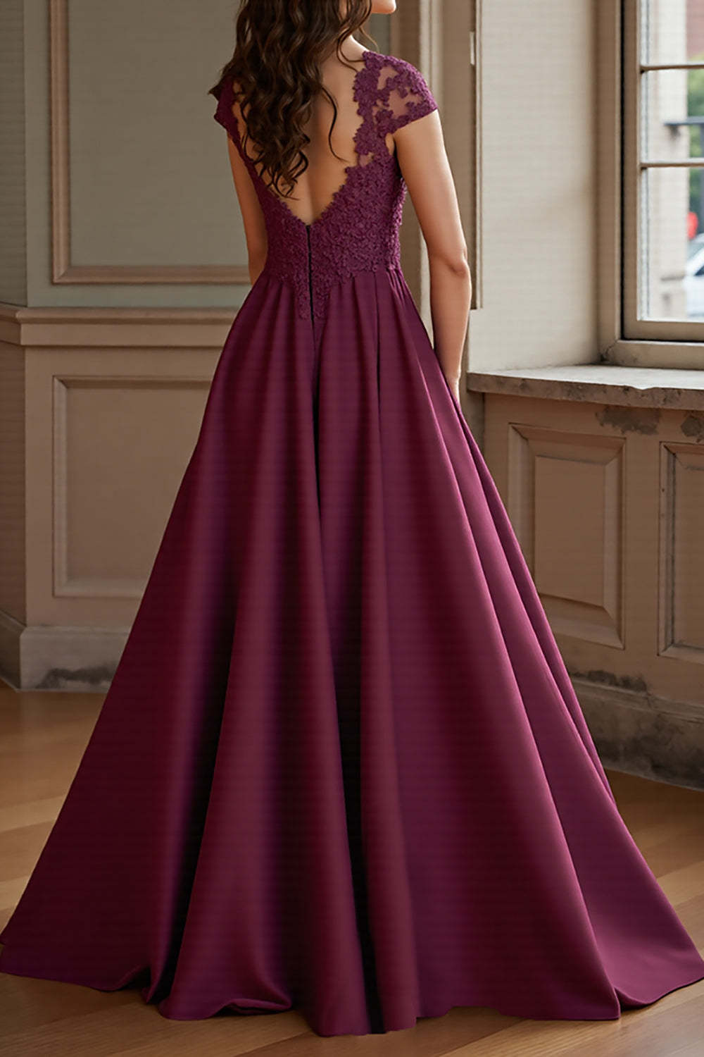 Burgundy A Line Satin Maxi Mother of the Bride Dress with Lace