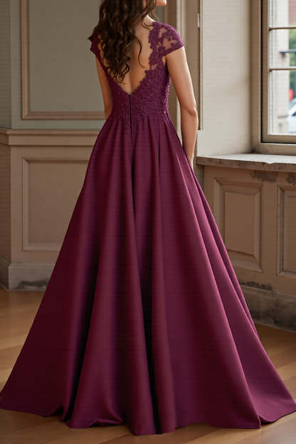 Burgundy A Line Satin Maxi Mother of the Bride Dress with Lace