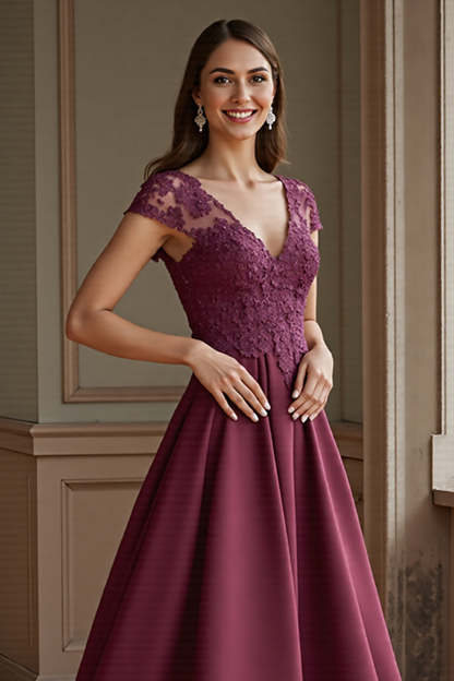 Burgundy A Line Satin Maxi Mother of the Bride Dress with Lace