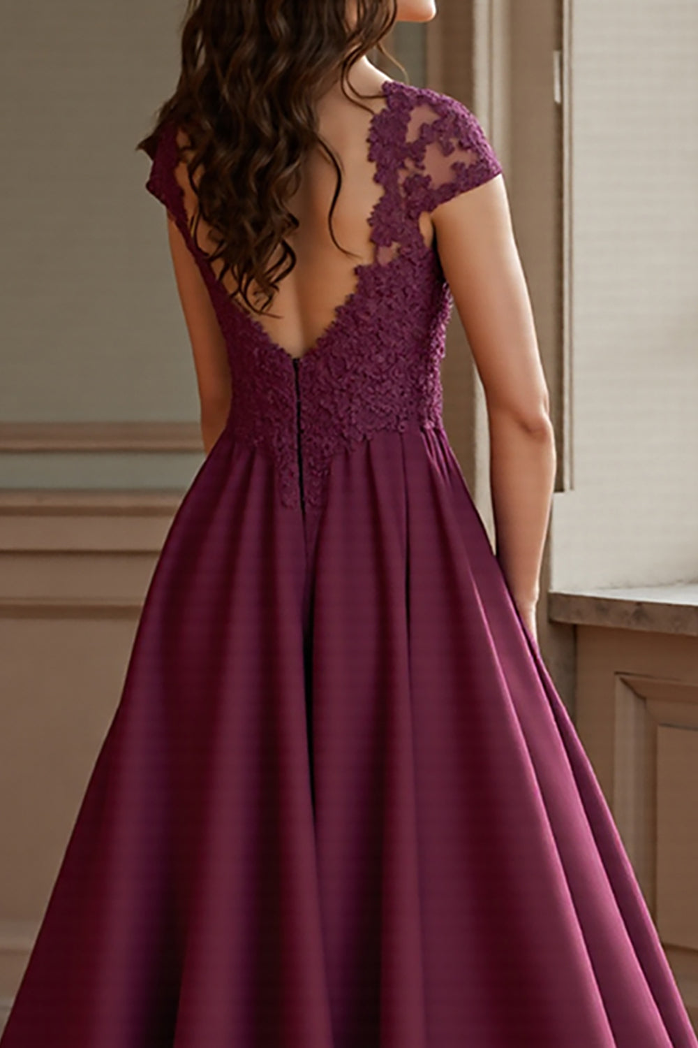 Burgundy A Line Satin Maxi Mother of the Bride Dress with Lace