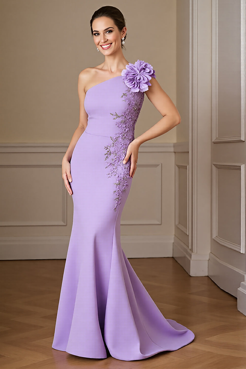 Floral Lilac Satin Maxi Mermaid Mother of the Bride Dress with Appliques