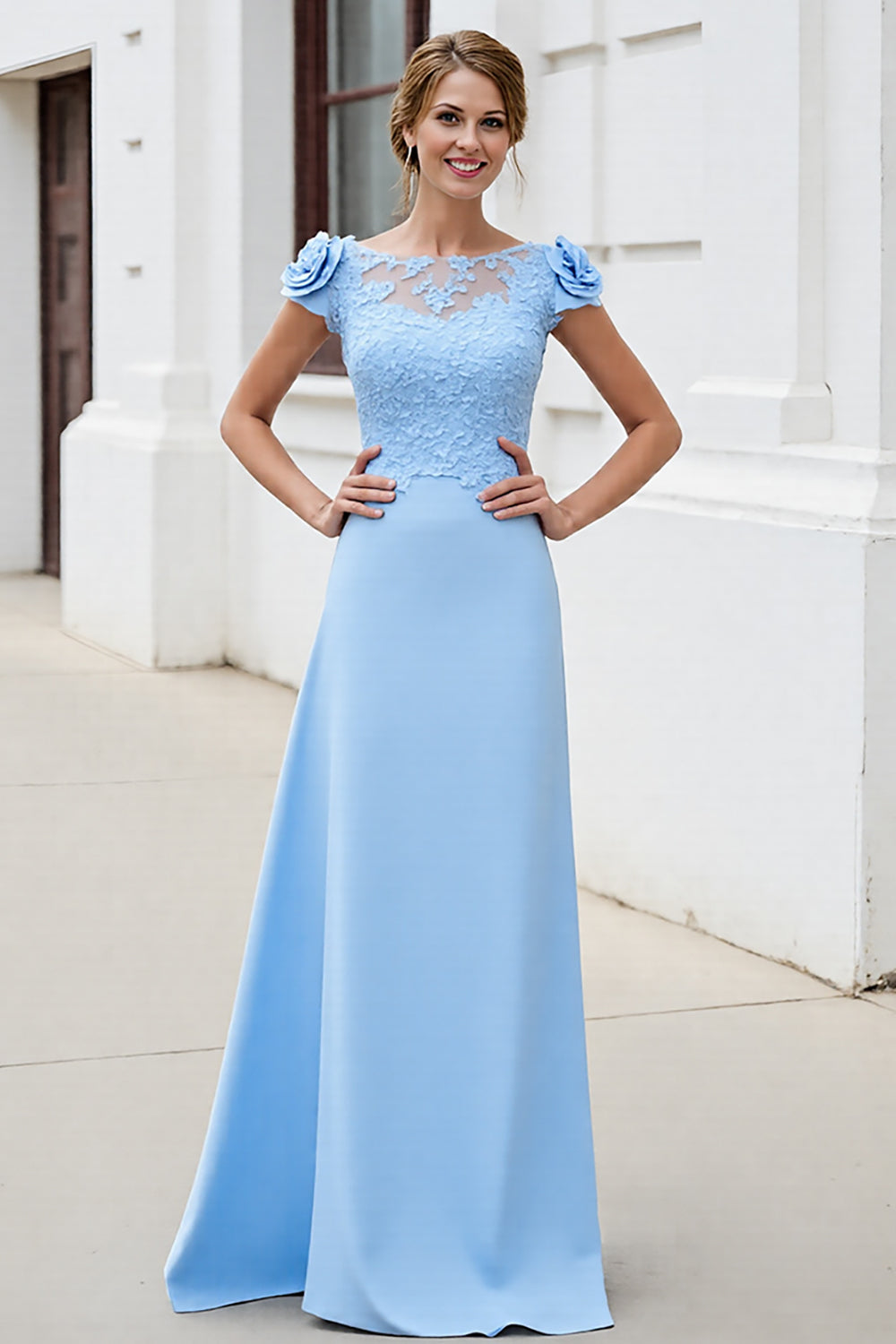 Sky Blue Floral Satin Maxi Mother of the Bride Dress with Lace Appliques