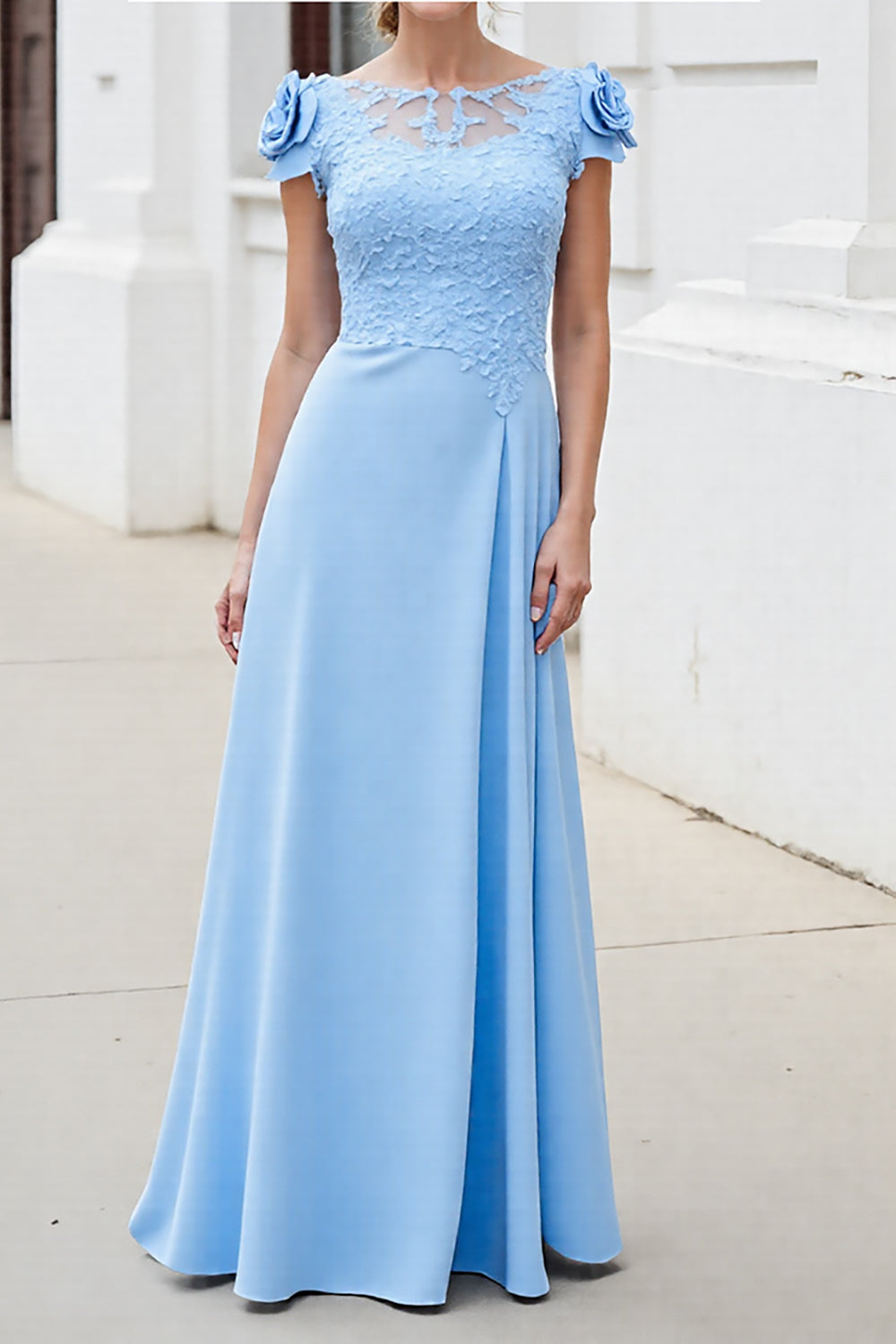 Sky Blue Floral Satin Maxi Mother of the Bride Dress with Lace Appliques