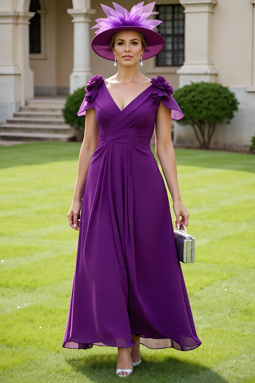 Floral Grape V-Neck Chiffon Maxi Mother of the Bride Dress