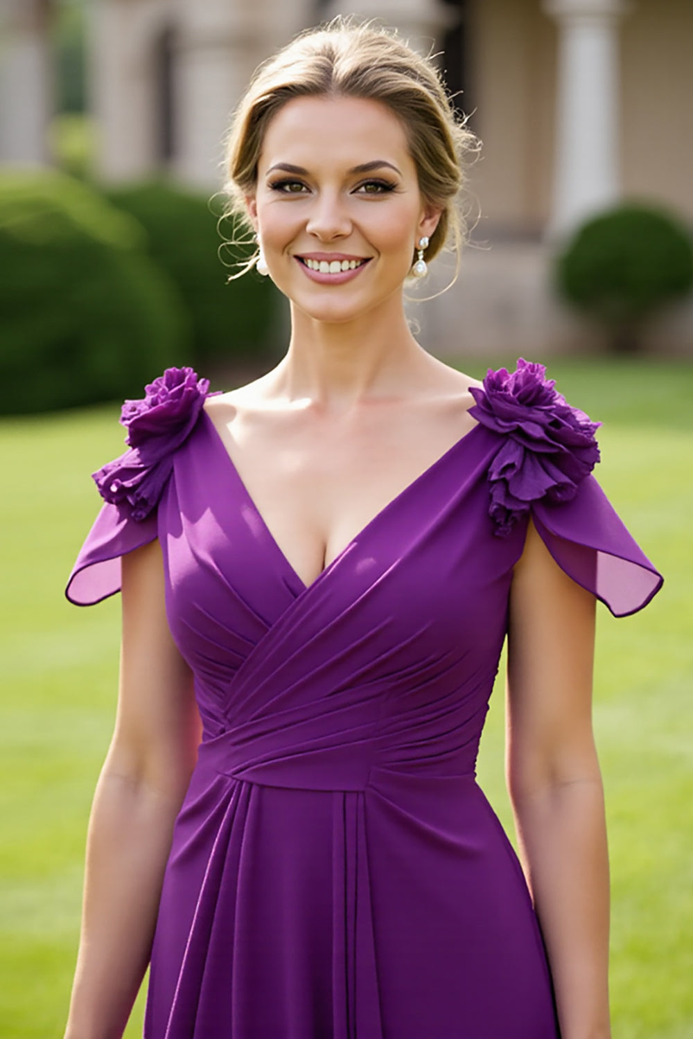 Floral Grape V-Neck Chiffon Maxi Mother of the Bride Dress