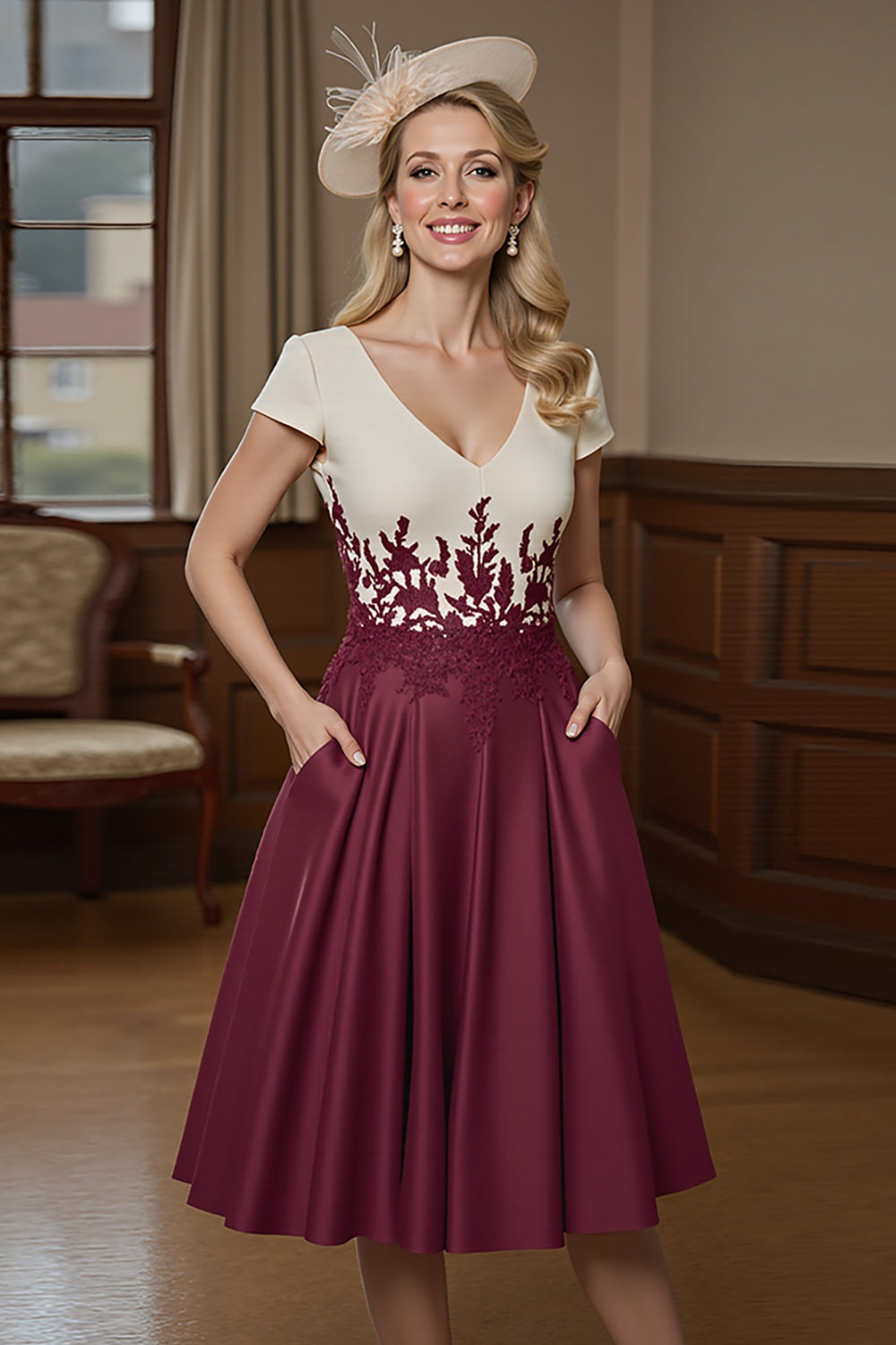 Burgundy A Line Satin Midi Mother of the Bride Dress with Appliques
