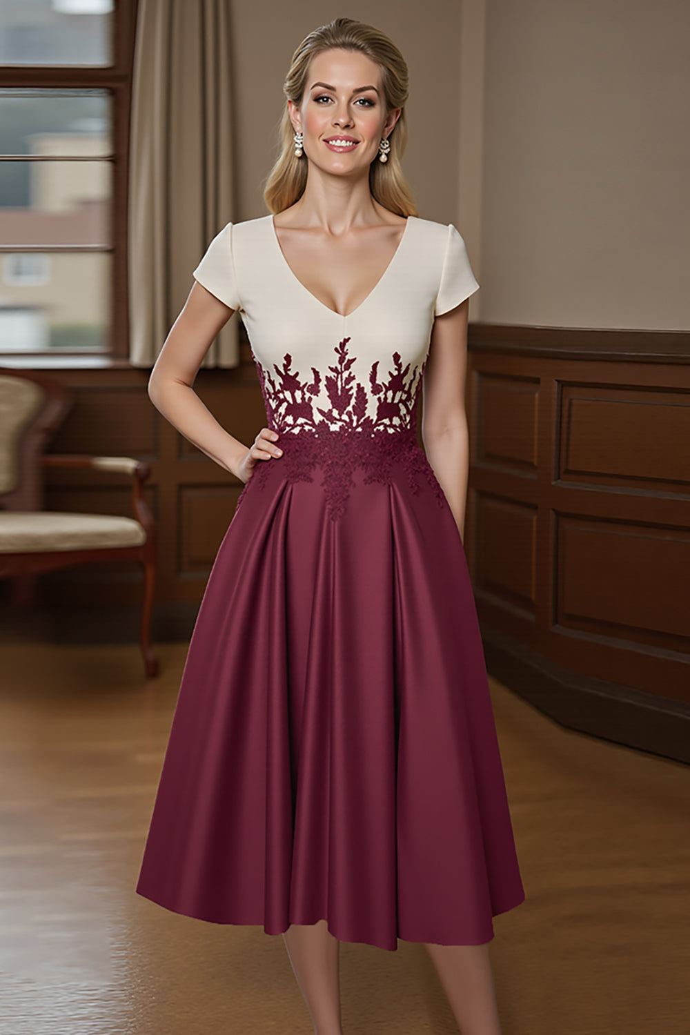 Burgundy A Line Satin Midi Mother of the Bride Dress with Appliques