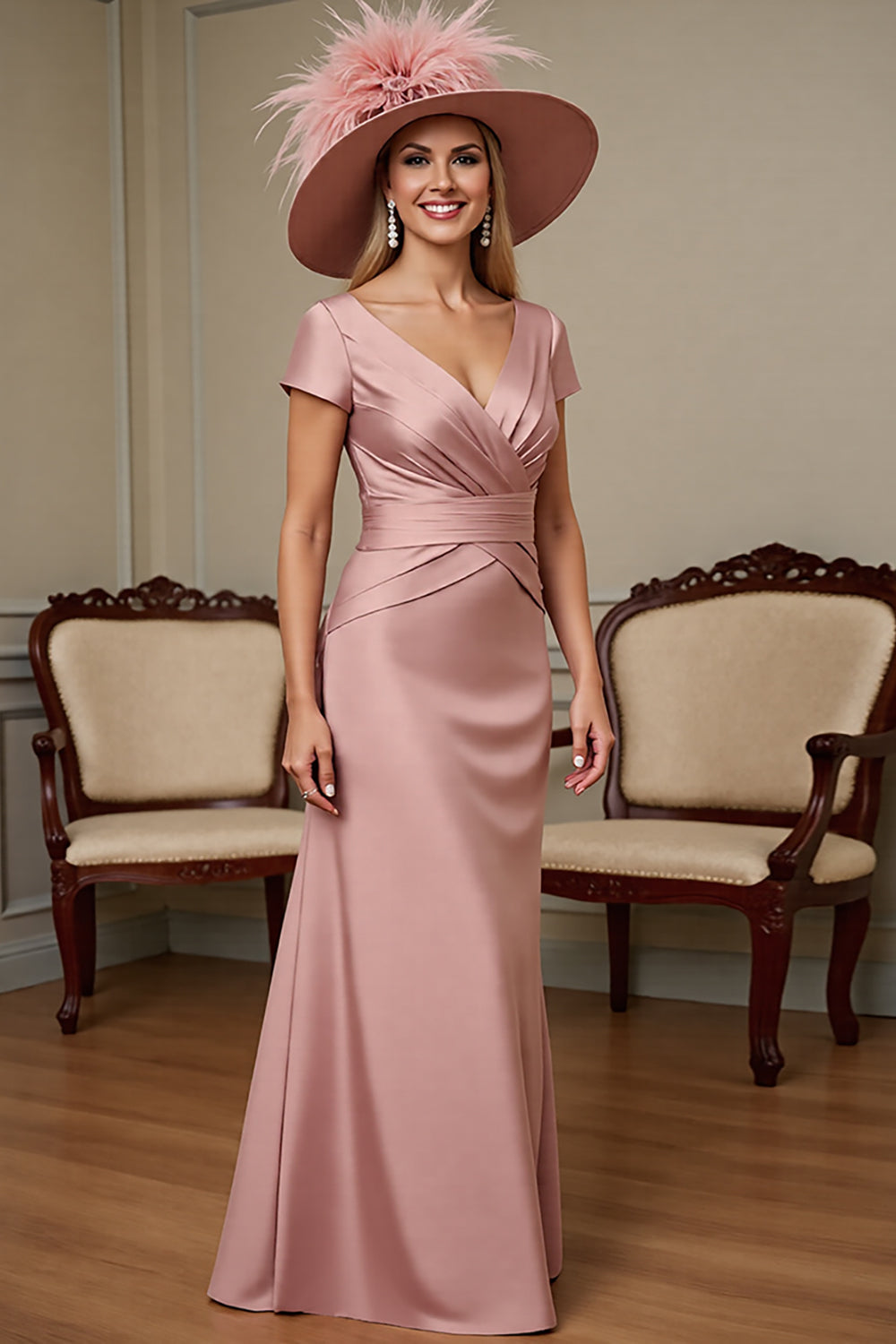 Leely Women Dusty Rose Satin Sheath Maxi Mother of the Bride Dress Ruched V-Neck Formal Dress with Sleeves