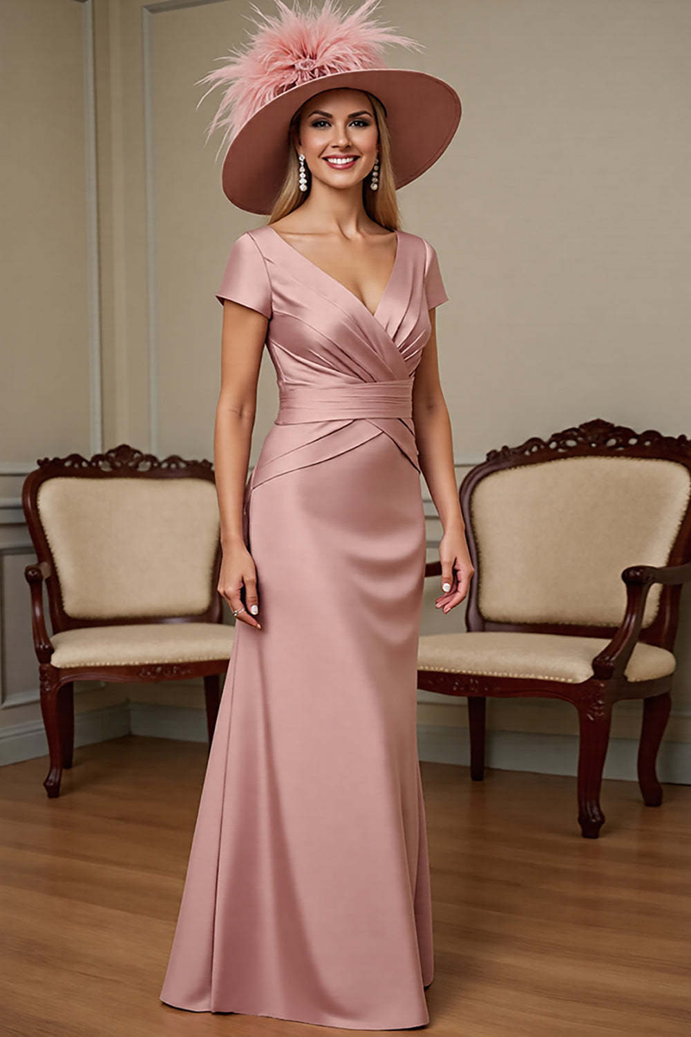 Leely Women Dusty Rose Satin Sheath Maxi Mother of the Bride Dress Ruched V-Neck Formal Dress with Sleeves