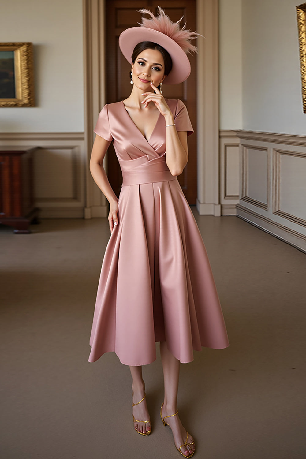 Dusty Rose A Line Satin V-Neck Midi Mother of the Bride Dress