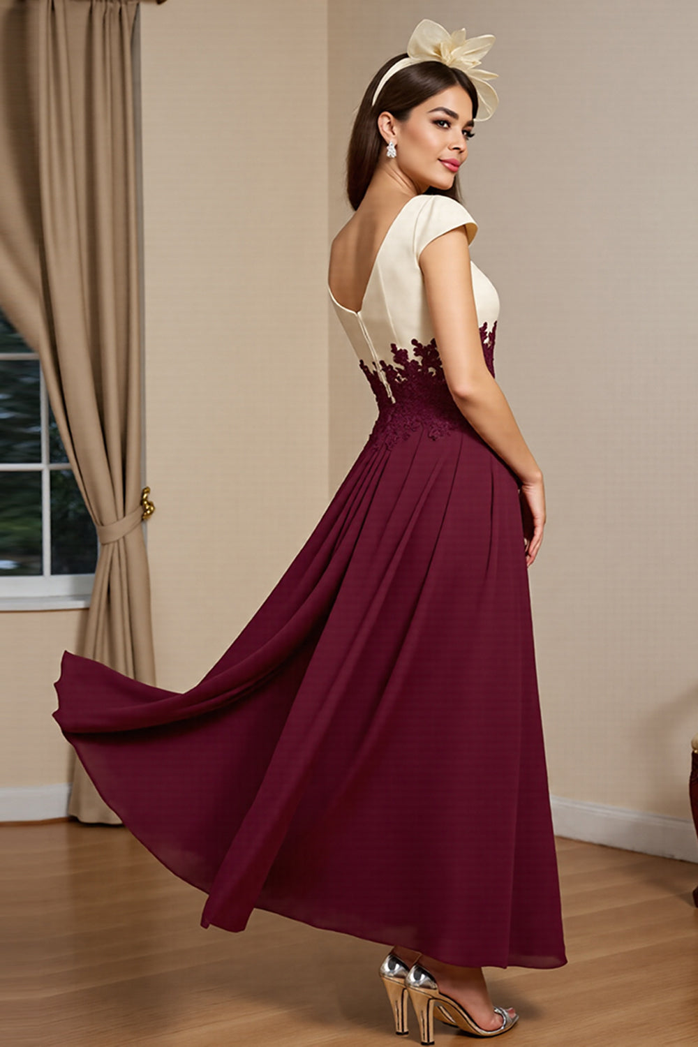 Burgundy A Line Maxi Satin Mother of the Bride Dress with Appliques