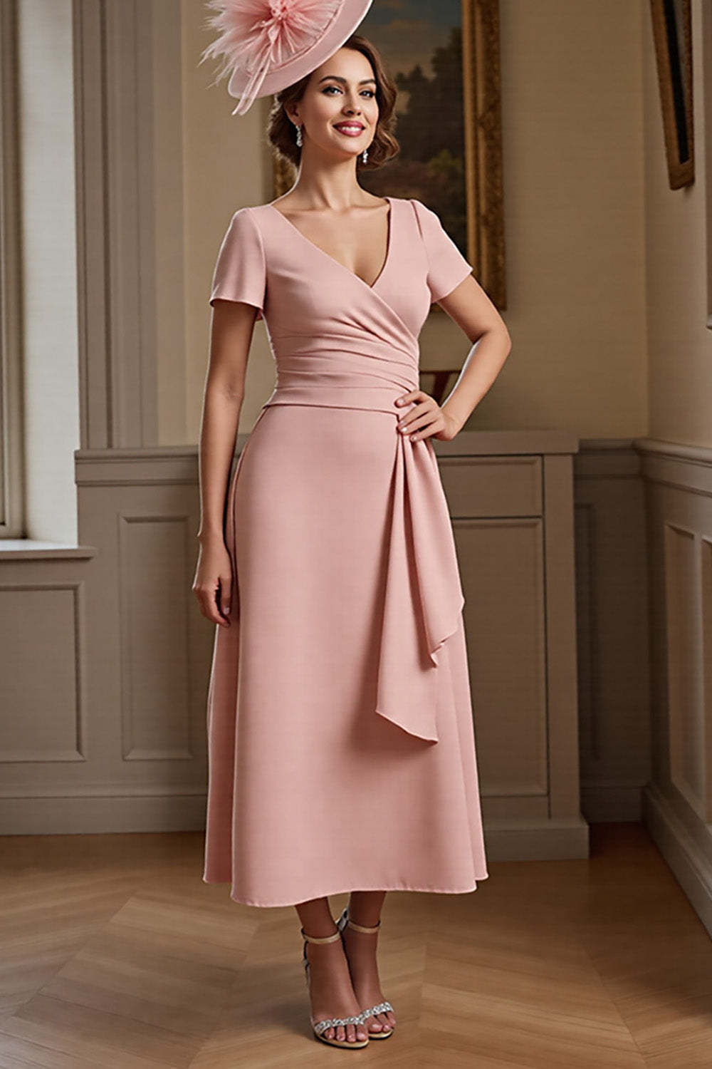 Leely Women Dusty Rose Ruffled Satin Maxi Mother of the Bride Dress A Line V-Neck Ruched Wedding Guest Dress with Sleeves