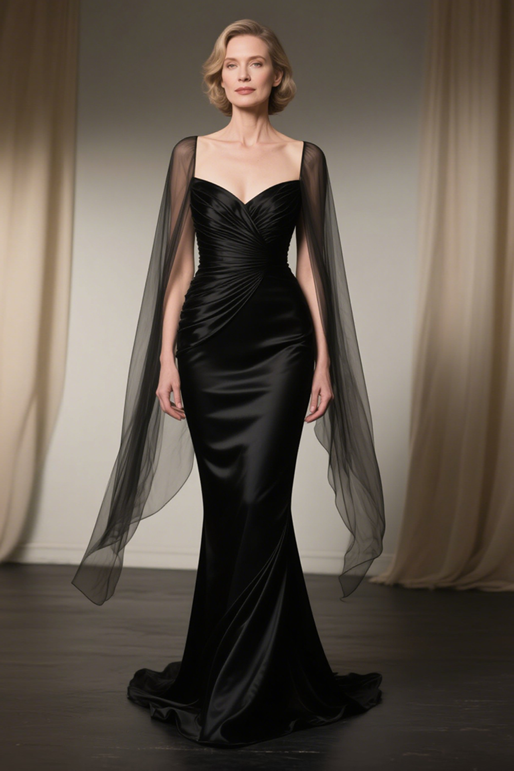 Black Satin Maxi Mermaid Mother of the Bride Dress with Cape