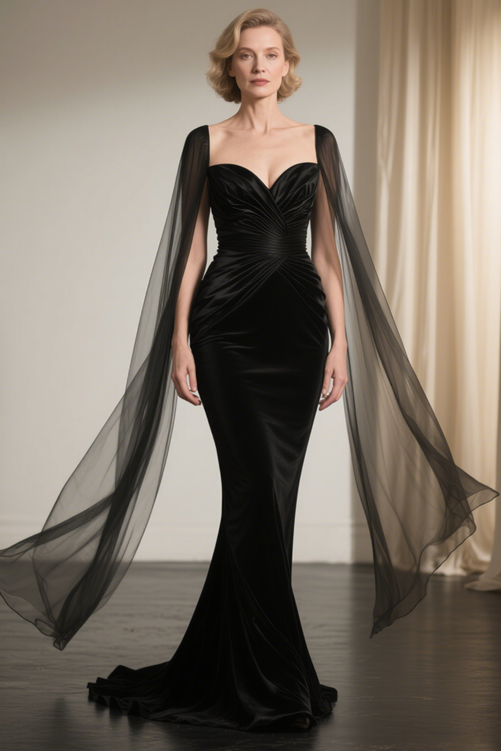Black Satin Maxi Mermaid Mother of the Bride Dress with Cape