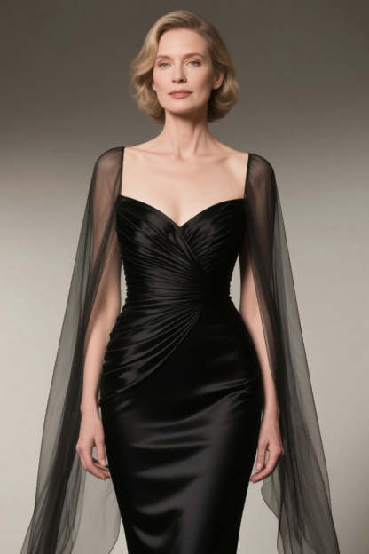 Black Satin Maxi Mermaid Mother of the Bride Dress with Cape
