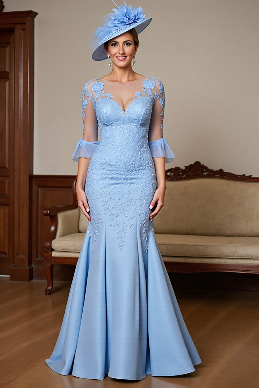 Sky Blue Satin Maxi Ruffled Mermaid Mother of the Bride Dress with Lace