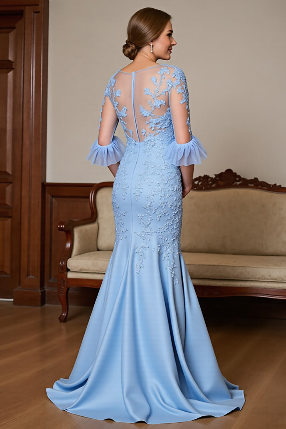 Sky Blue Satin Maxi Ruffled Mermaid Mother of the Bride Dress with Lace