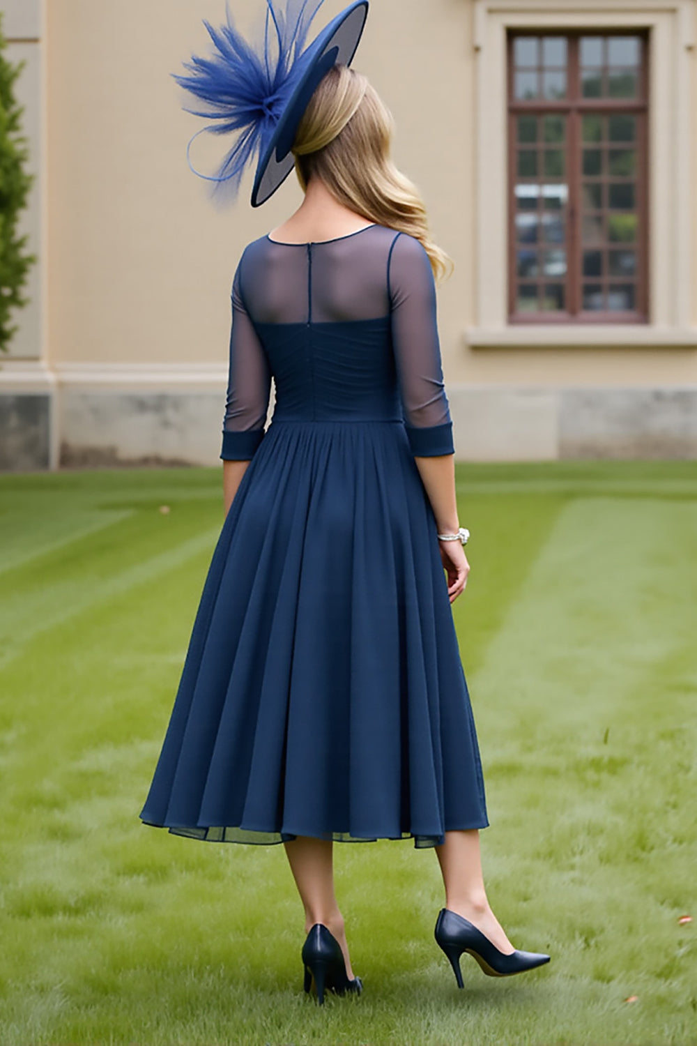 Navy Chiffon A Line Tie Front Midi Mother of the Bride Dress