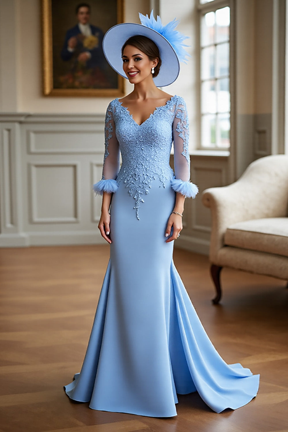 Sky Blue Long Sleeves Satin Mother of the Bride Dress with Lace