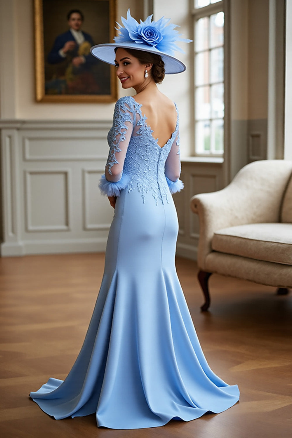 Sky Blue Long Sleeves Satin Mother of the Bride Dress with Lace