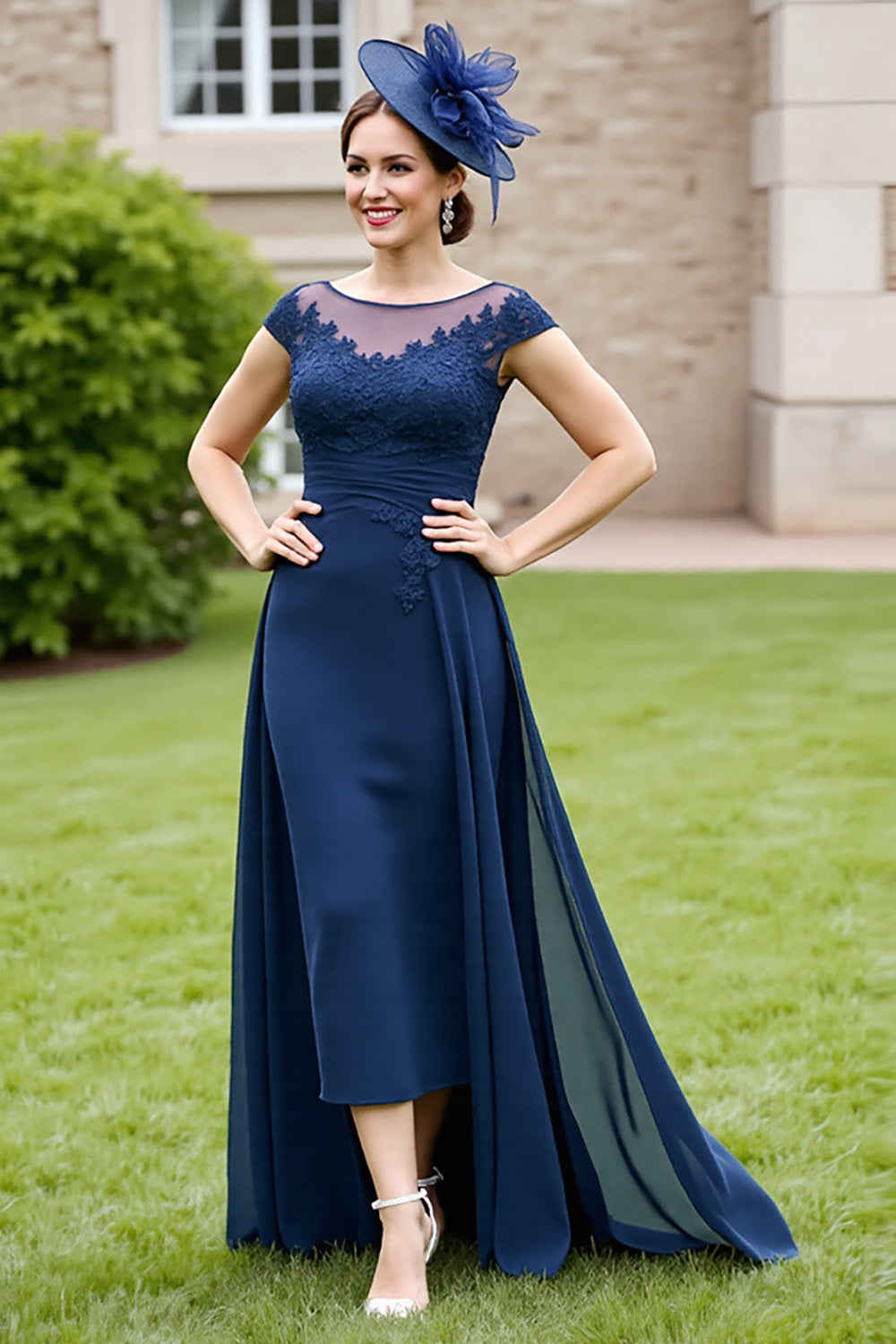 Navy A Line Appliqued Chiffon Maxi Mother of the Bride Dress