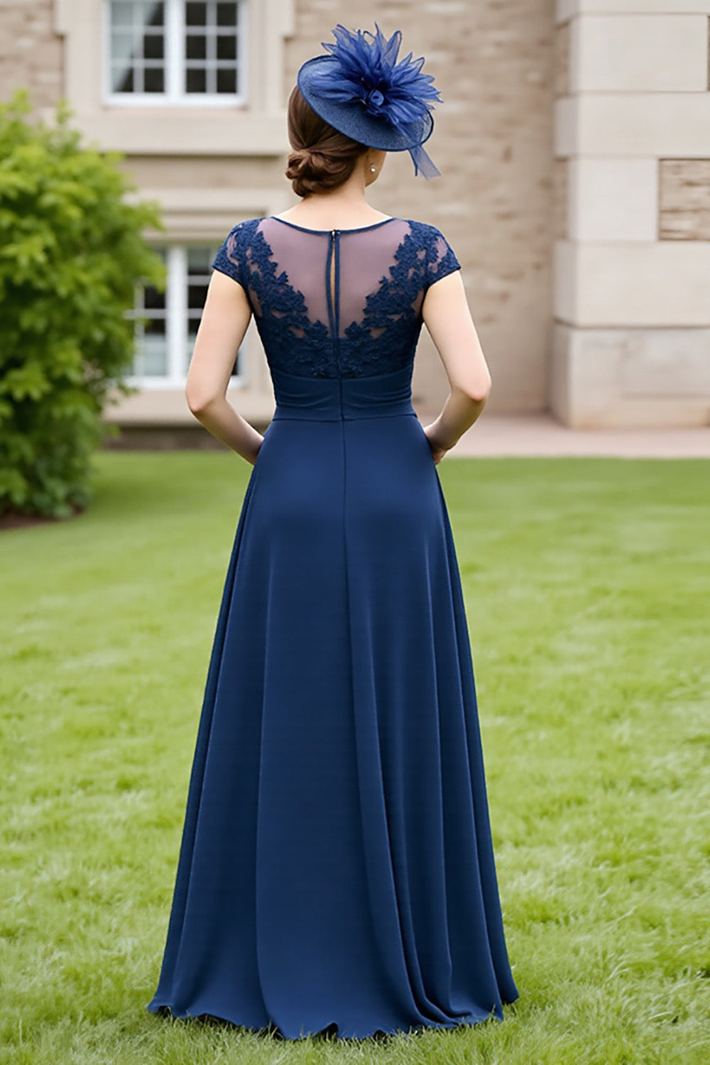 Navy A Line Appliqued Chiffon Maxi Mother of the Bride Dress