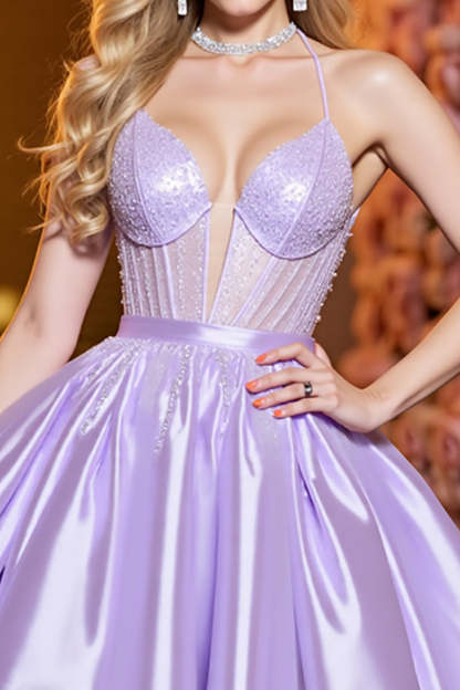 Sparkly Lilac Satin A Line Short Corset Homecoming Dress