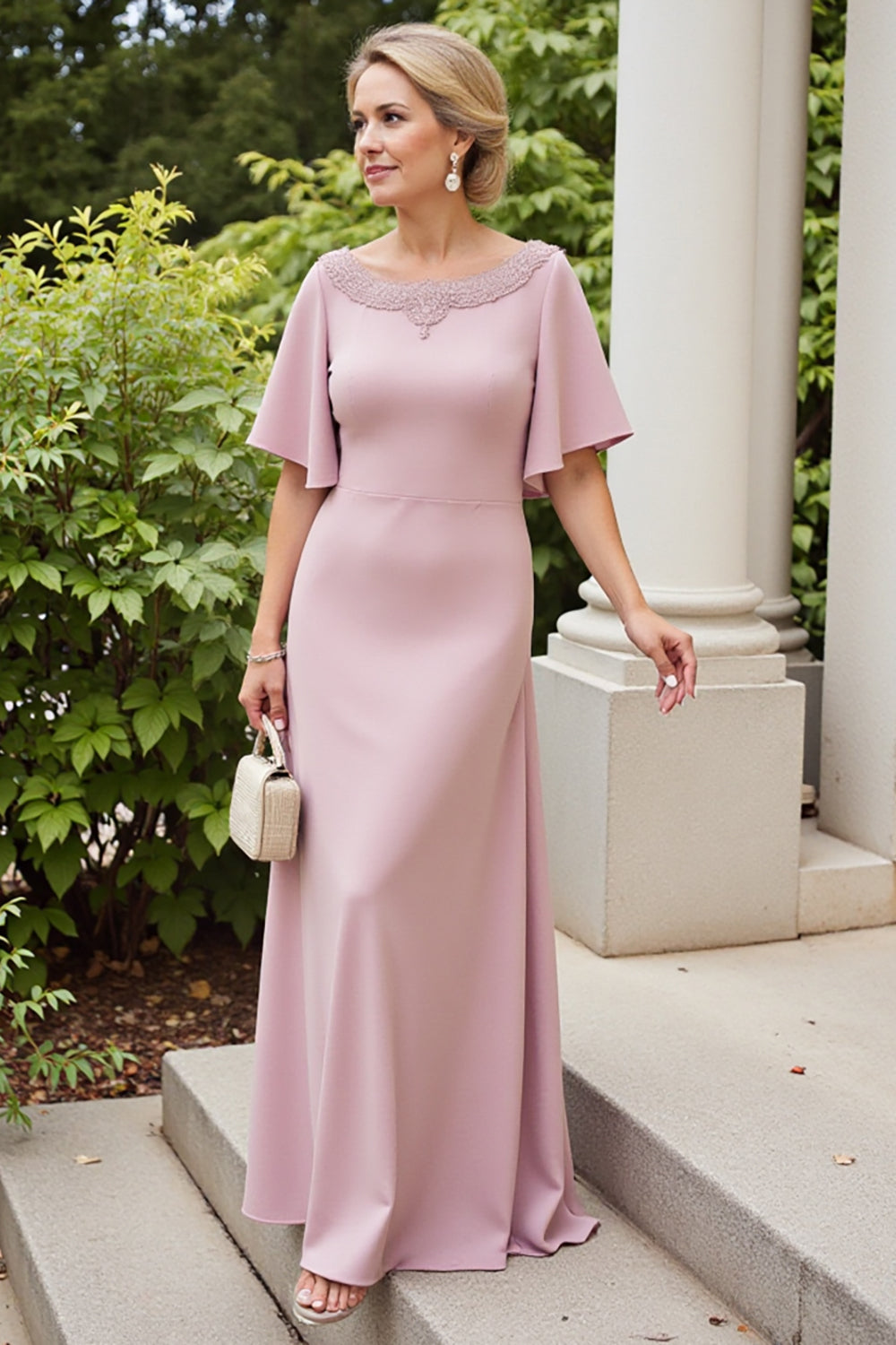 Dusty Rose Sheath Satin Maxi Mother of the Bride Dress with Flutter Sleeves