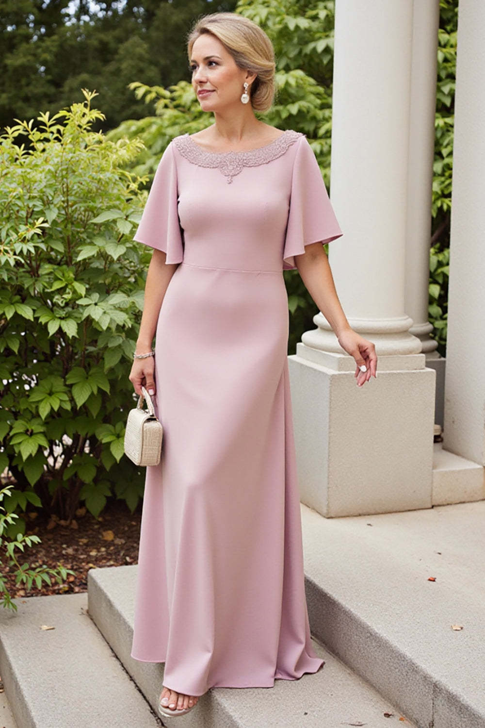 Leely Women Dusty Rose Satin Maxi Mother of the Bride Dress with Flutter Sleeves Boat Neck Sheath Wedding Guest Dress with Appliques