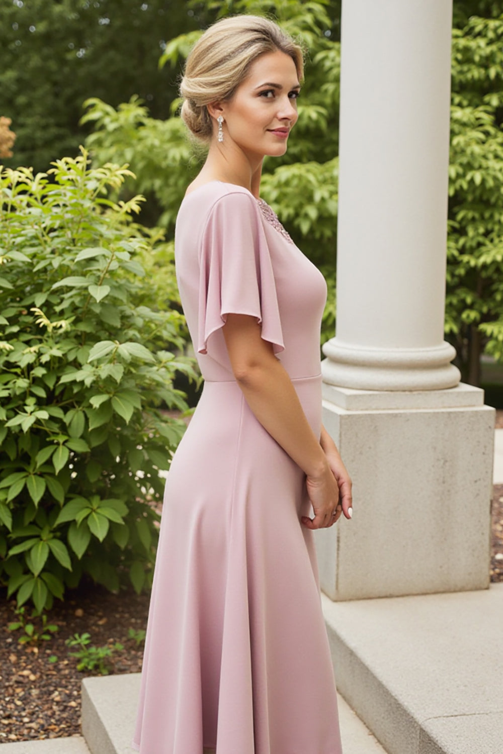 Dusty Rose Sheath Satin Maxi Mother of the Bride Dress with Flutter Sleeves