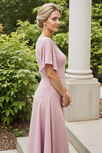 Dusty Rose Sheath Satin Maxi Mother of the Bride Dress with Flutter Sleeves