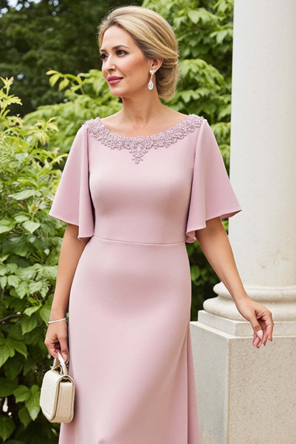 Dusty Rose Sheath Satin Maxi Mother of the Bride Dress with Flutter Sleeves