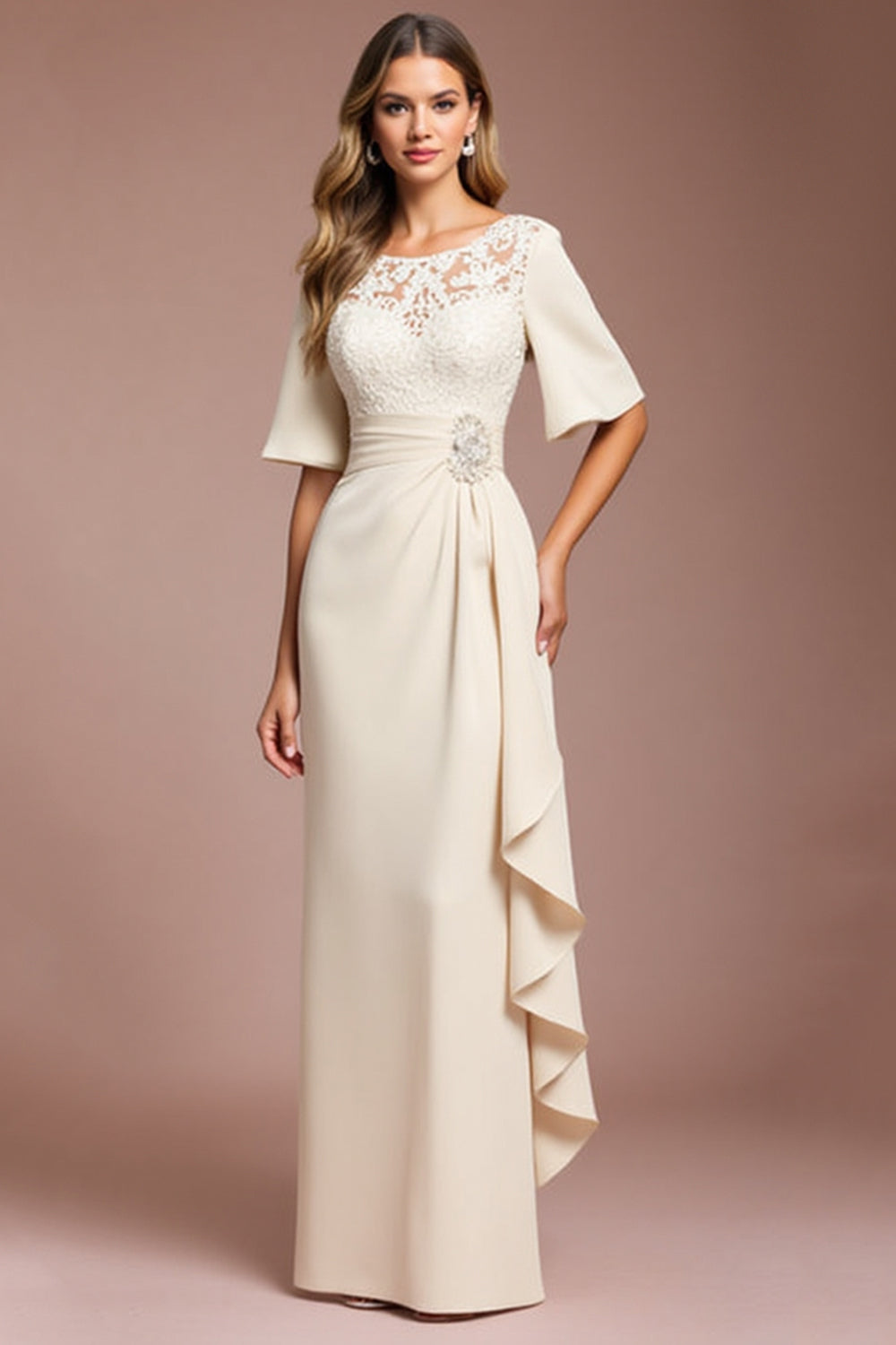 Leely Women Apricot Sheath Maxi Mother of the Bride Dress with Ruffles Half Sleeves Illusion Illusion Neck Wedding Guest Dress