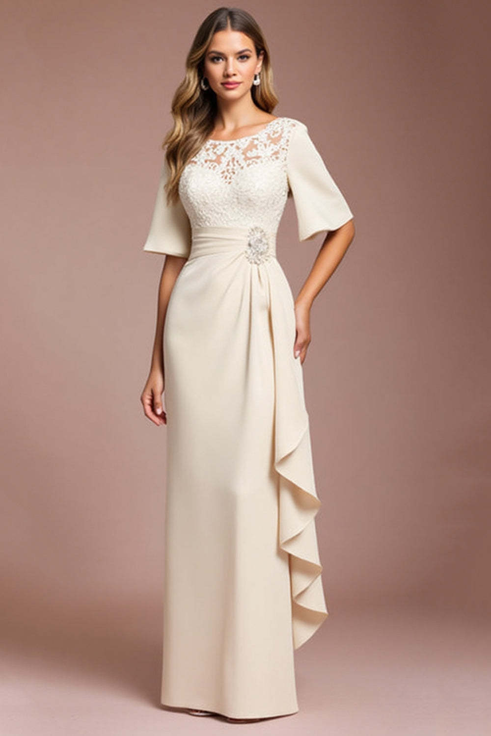 Leely Women Apricot Sheath Maxi Mother of the Bride Dress with Ruffles Half Sleeves Illusion Illusion Neck Wedding Guest Dress