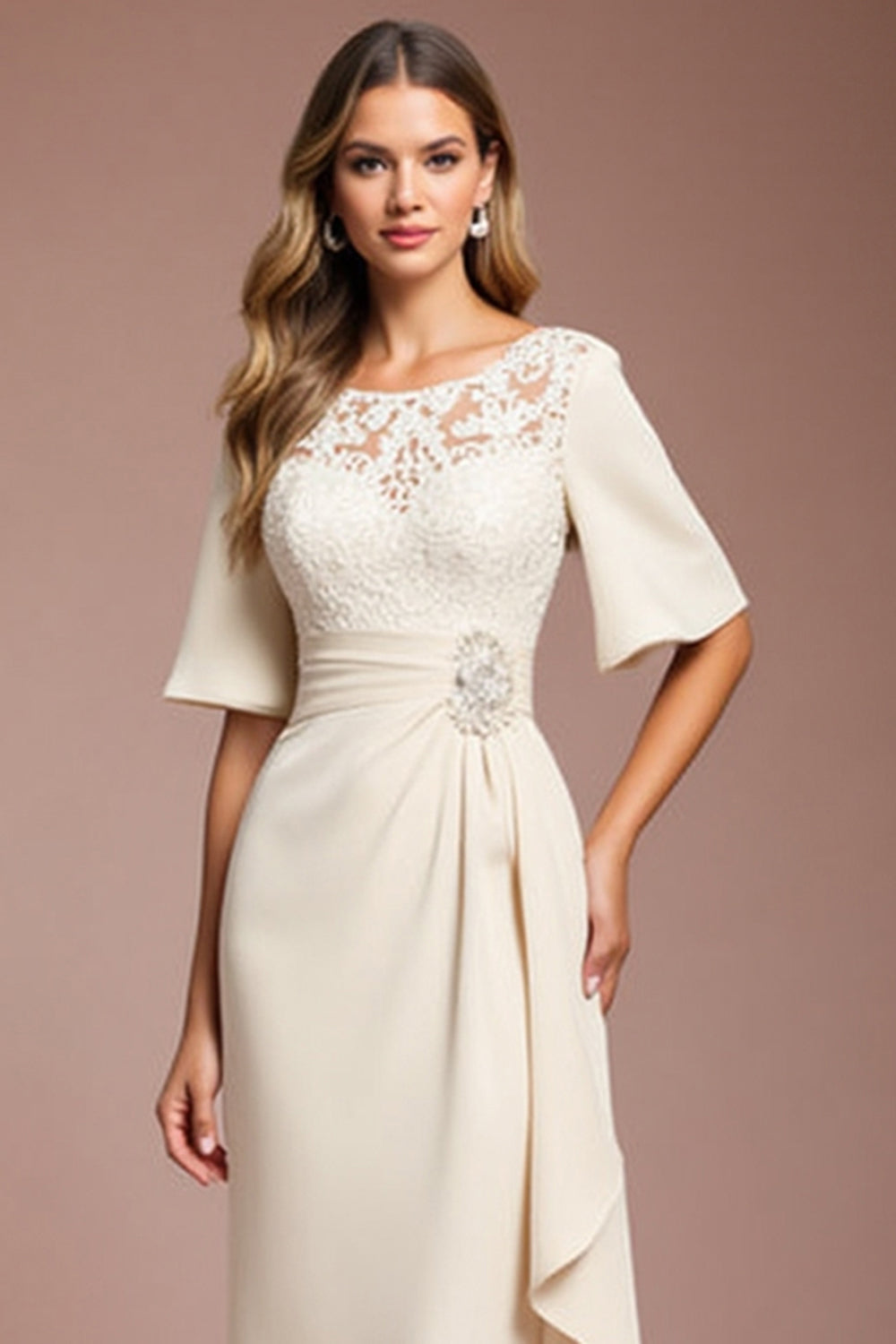 Apricot Sheath Ruffled Maxi Mother of the Bride Dress with Lace