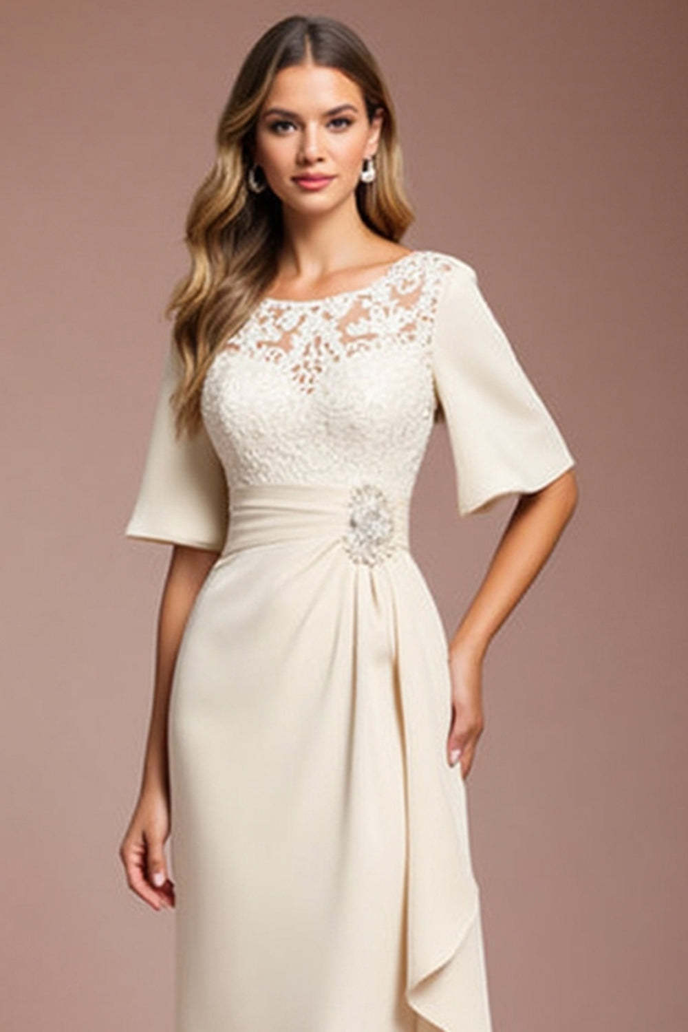 Apricot Sheath Ruffled Maxi Mother of the Bride Dress with Lace