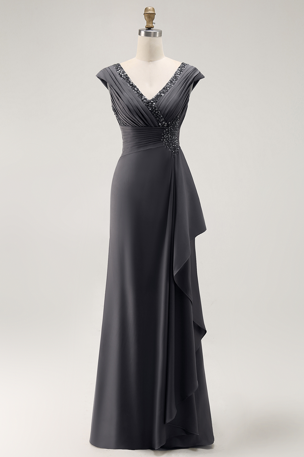 Steel Grey V-Neck Sheath Mother of the Bride Dress with Ruffles