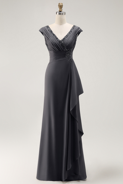 Steel Grey V-Neck Sheath Mother of the Bride Dress with Ruffles