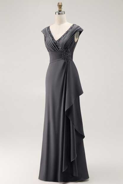 Long Steel Grey V-Neck Sheath Mother of the Bride Dress with Ruffles