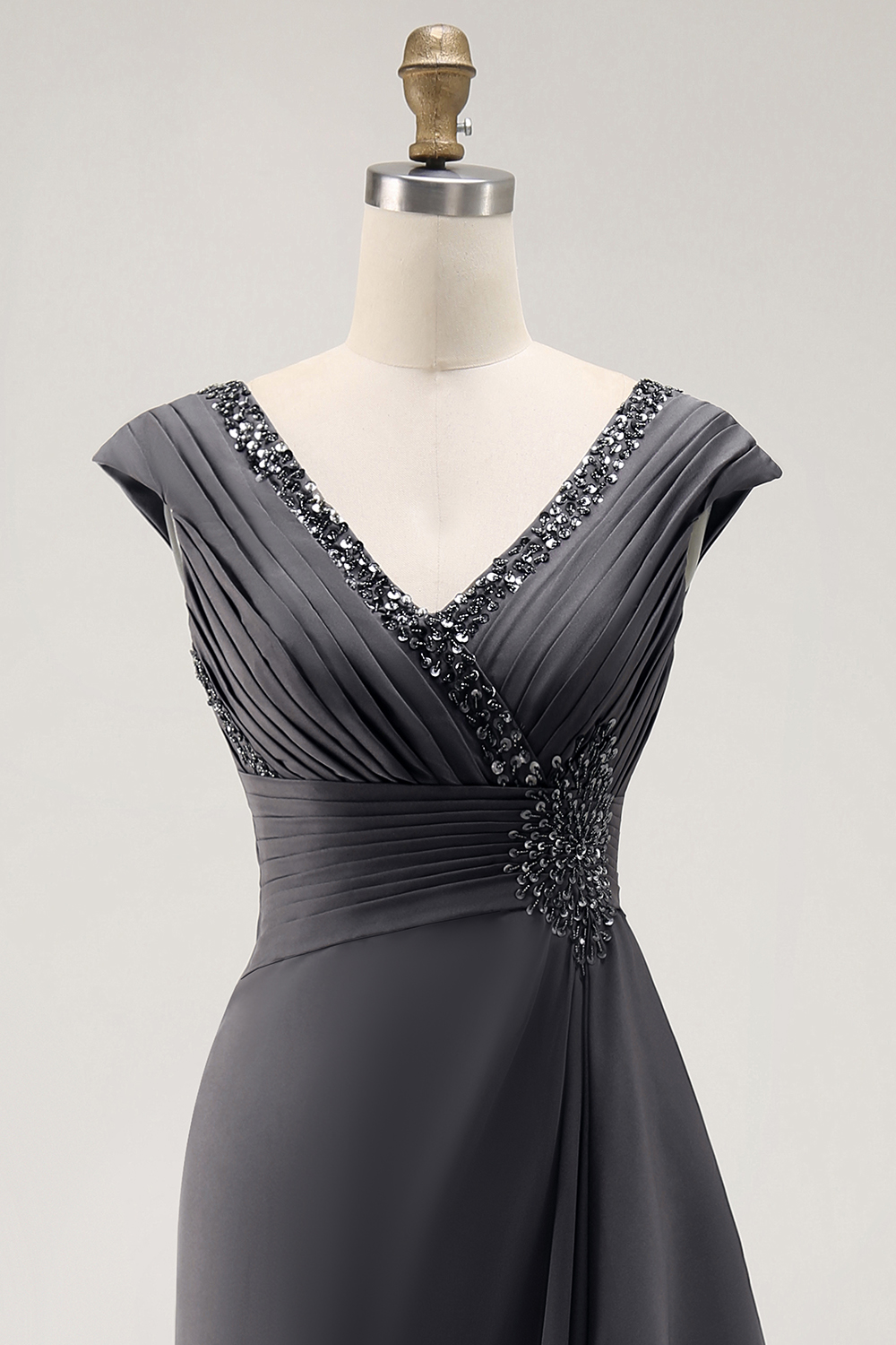 Long Steel Grey V-Neck Sheath Mother of the Bride Dress with Ruffles