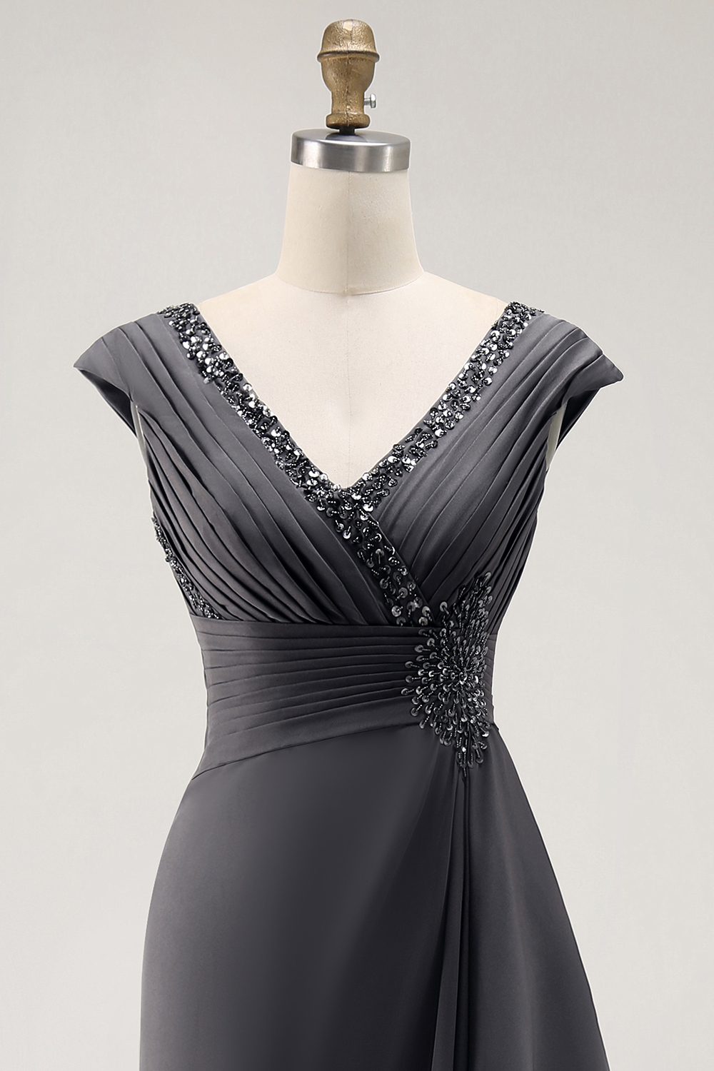 Long Steel Grey V-Neck Sheath Mother of the Bride Dress with Ruffles